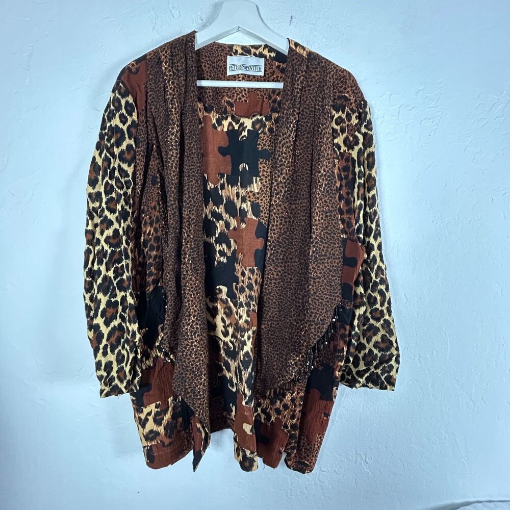 Peter Popovitch Womens Animal Print Open Front Beaded Trim Cardigan Jacket Brown